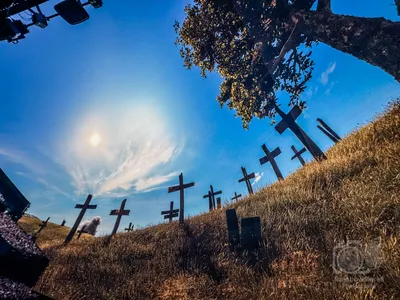 Crosses on a hillside, under clear blue skies